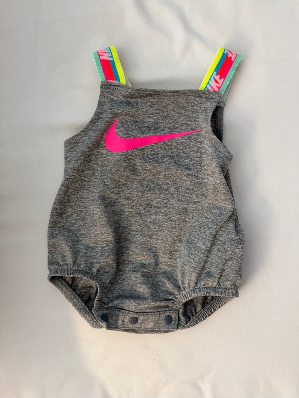 Nike Grey Baby Romper with Hot Pink Swoosh and Neon Multicolor Straps